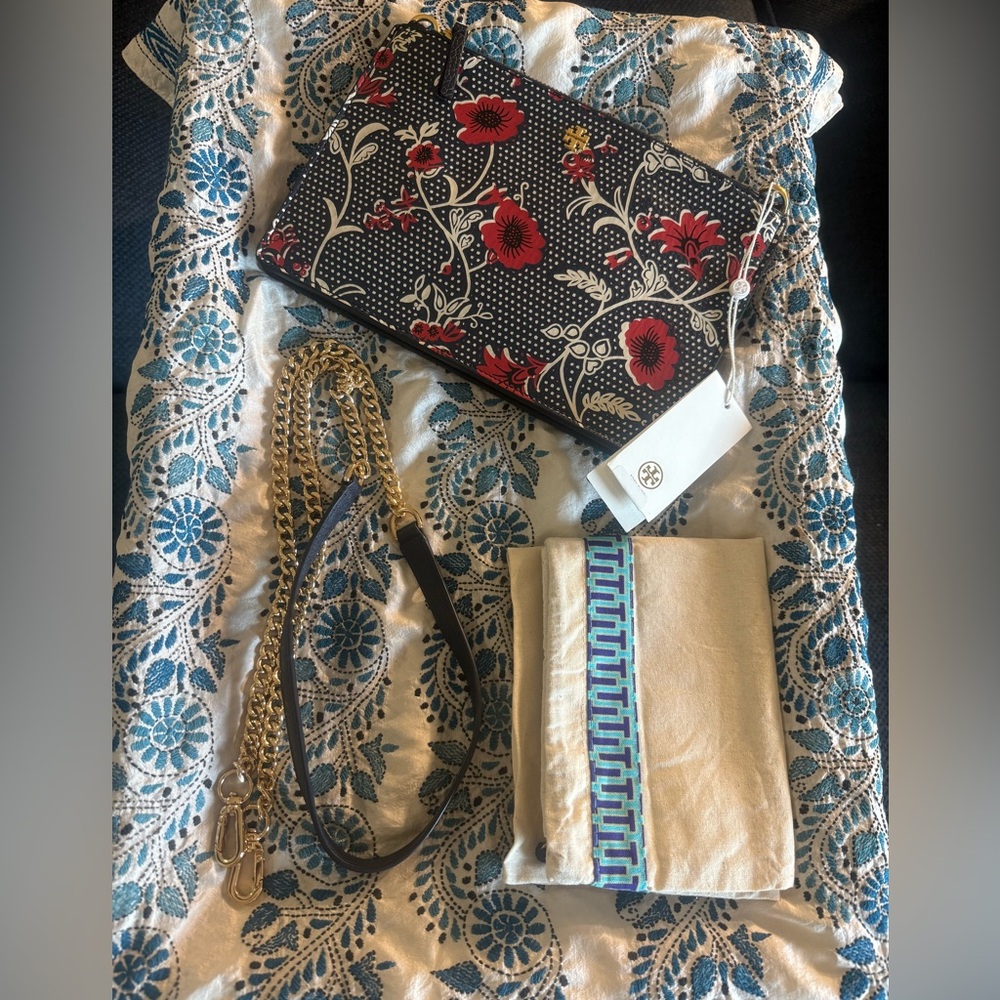 TORY BURCH Retro Batik Floral Block Print Leather Adjustable Strap Crossbody Bag